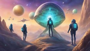 A group of people standing in front of an alien planet.