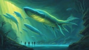 A painting of a large fish swimming in a cave.
