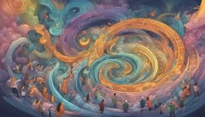 A colorful painting of a spiral with people in it.