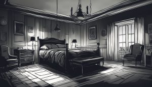 A black and white drawing of a bedroom.