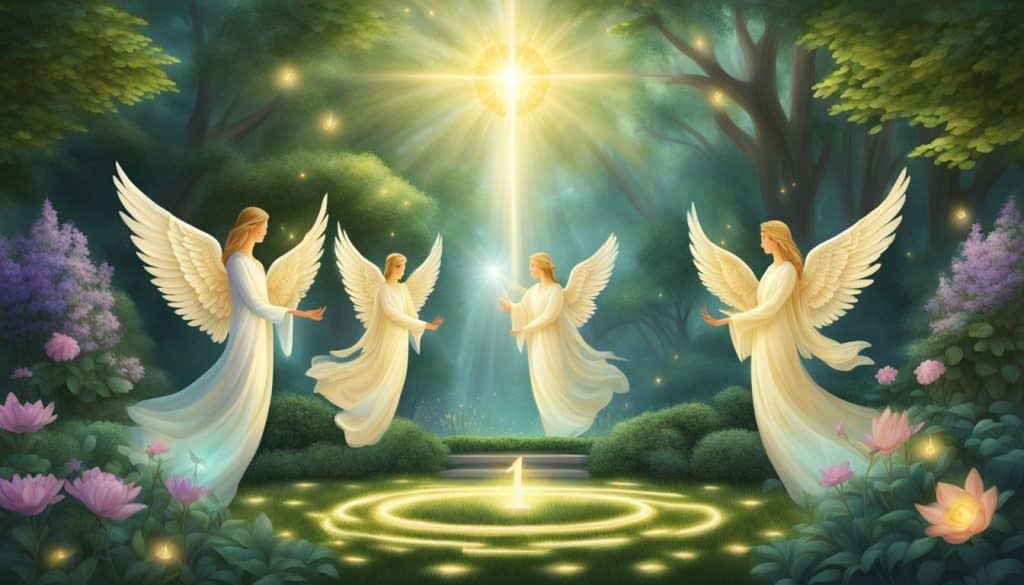 Angels in the forest with a star in the sky.