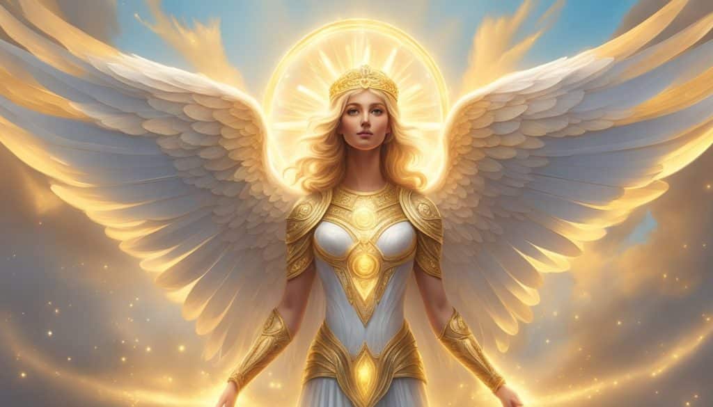 A golden angel with wings in the sky.