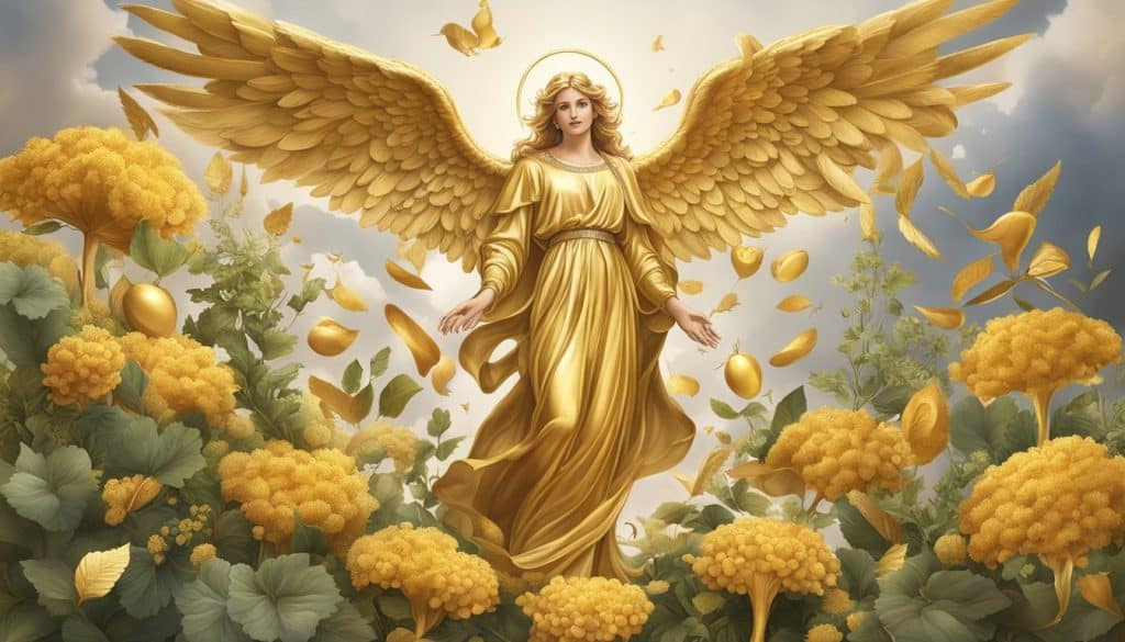 A golden angel surrounded by yellow flowers.