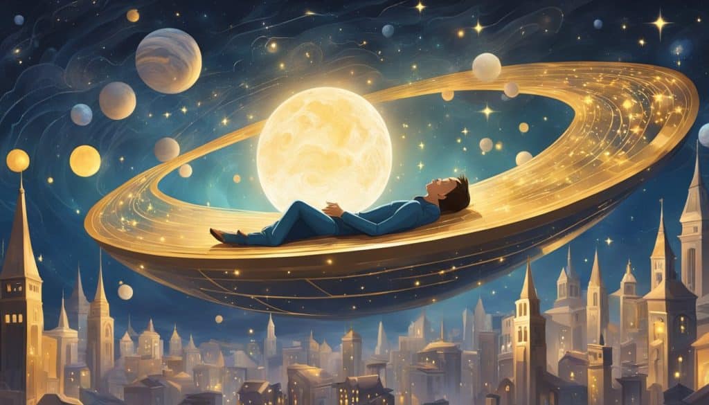 A man is sleeping on top of a sphere with a moon in the background.