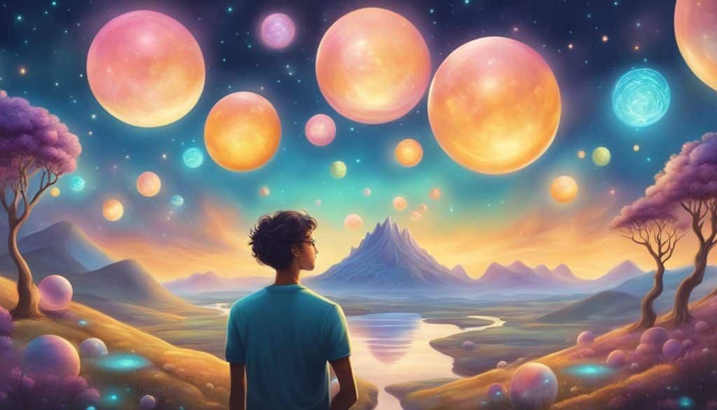 A man looking at a landscape with colorful spheres in the sky.