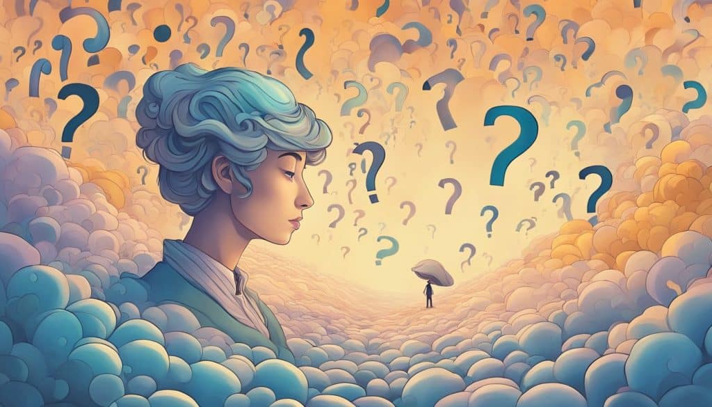 An illustration of a woman in the clouds with question marks.