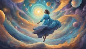 A painting of a woman in a blue dress flying through space.