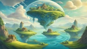 A fantasy world with a floating island in the middle of the water.