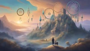 A painting of a man with a horse and dreamcatchers in the sky.