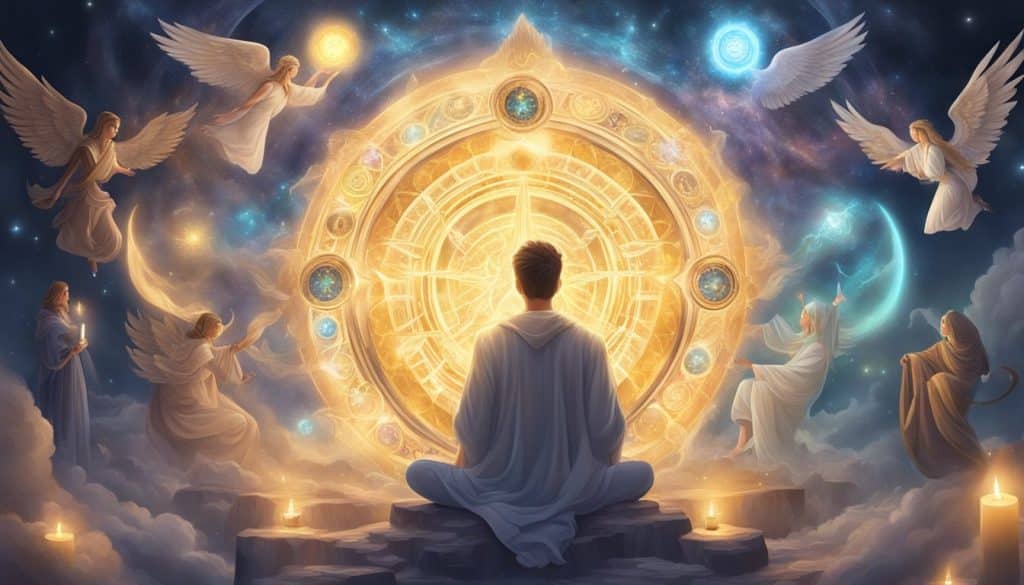 A man meditating in front of an angelic circle.