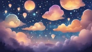 Hot air balloons in the sky with stars and clouds.
