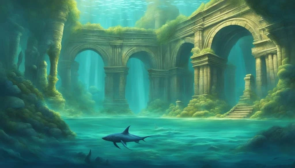 An underwater scene with a shark in the water.