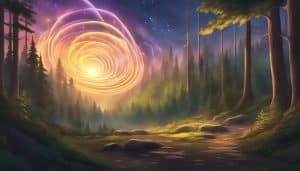 A painting of a forest with a spiral in the sky.