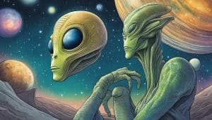 Two aliens are standing in front of a planet.