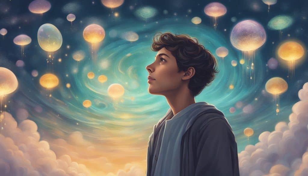 A painting of a boy looking up at the sky with balloons.