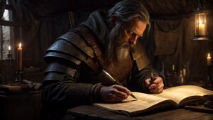 Croaker, from Black Company, wearing armor, writes in a large book by candlelight in a rustic, medieval setting.