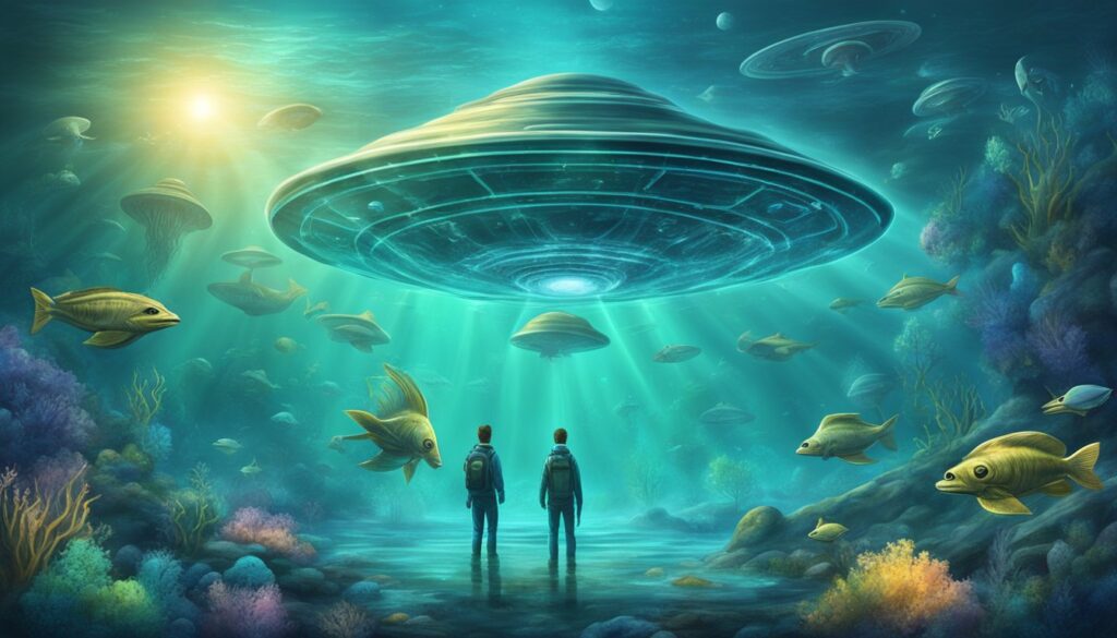 Two people in diving suits observe a large ufo submerged in an ocean filled with fish and illuminated by sunlight.