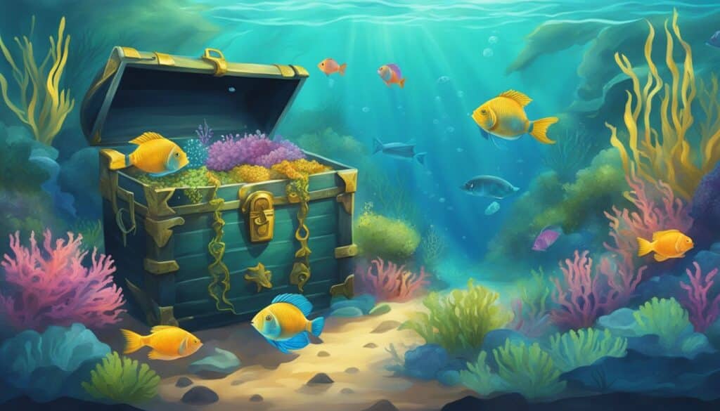 An underwater scene with colorful fish swimming around an open treasure chest surrounded by vibrant coral and seaweed.