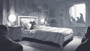 An elderly man lying in bed looks towards a window where a large bird is perched, in a dimly lit, well-furnished room.