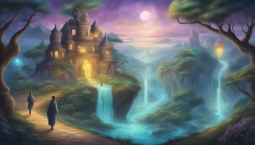 Two people walking towards a mystical castle amidst a serene landscape with waterfalls, enchanted trees, and a glowing purple sky.