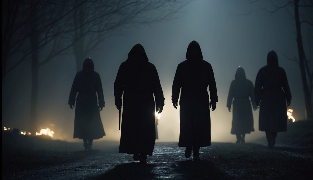 Five silhouetted figures in hooded cloaks walk on a foggy, dimly lit road with lanterns on the ground, casting a eerie glow in a forest setting.