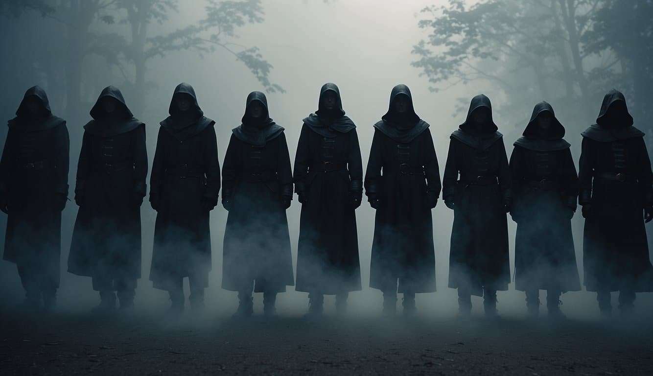 A group of dark fantasy figures loom in the shadows, surrounded by swirling mist and ominous energy. The air crackles with tension as they gather, their sinister presence palpable