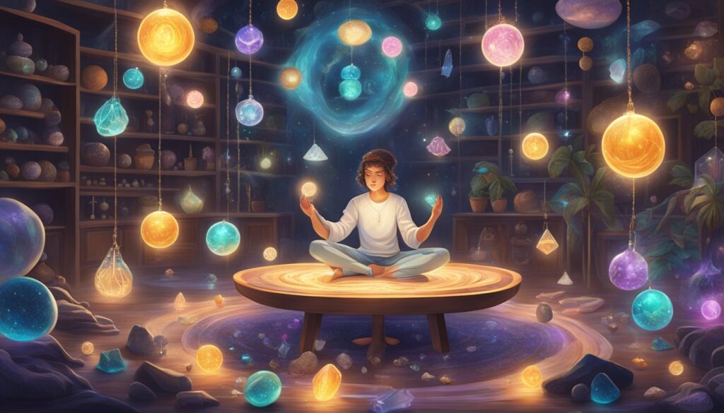 A person meditates on a circular table surrounded by glowing, floating crystals in a mystical, star-lit room filled with shelves of various artifacts.