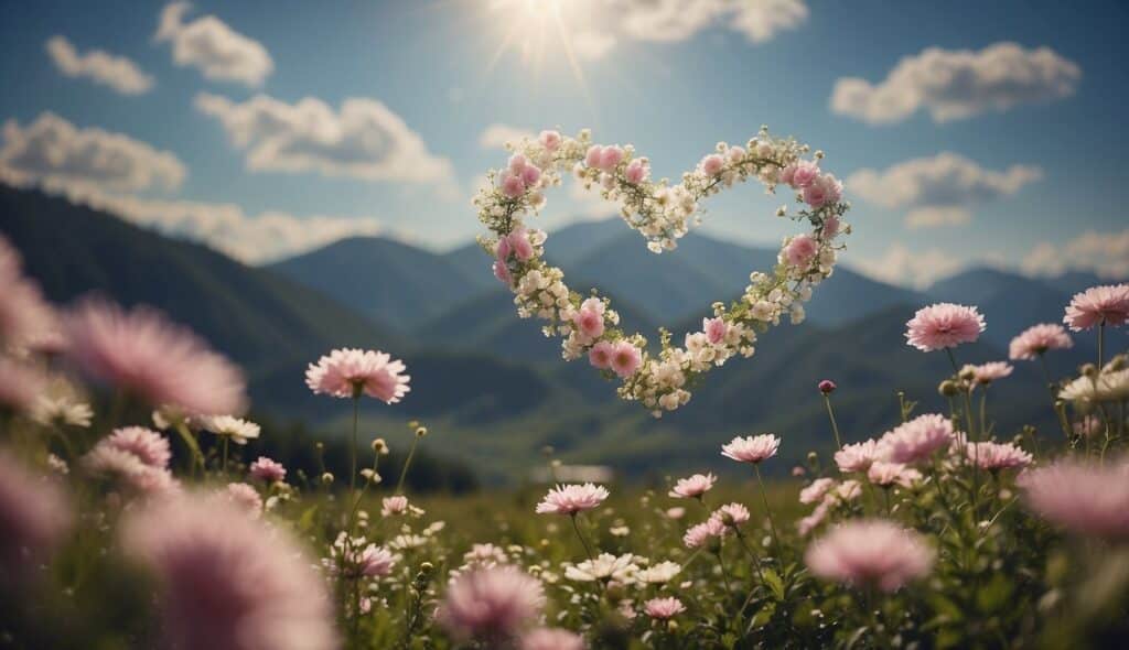A heart-shaped wreath of flowers floats above a meadow with pink blooms, set against a backdrop of sunlit mountains.