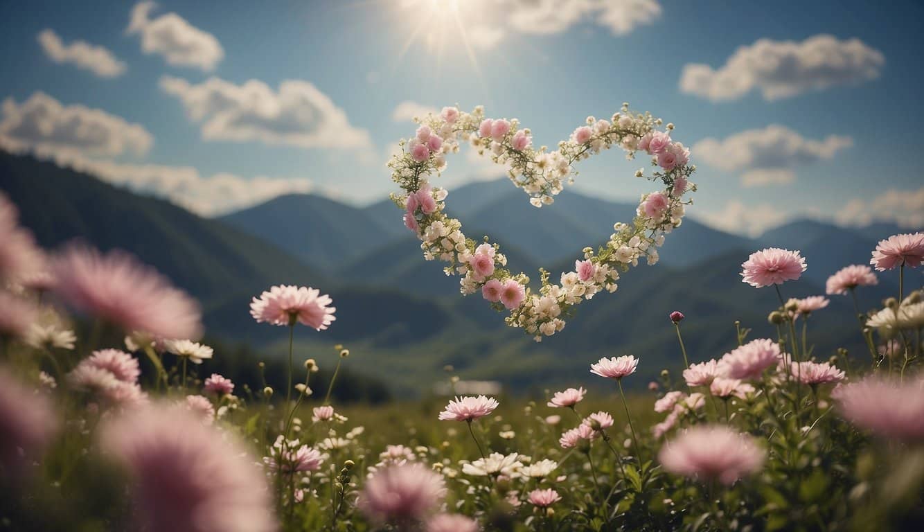 A heart-shaped cloud forms above a serene landscape, surrounded by blooming flowers and fluttering butterflies