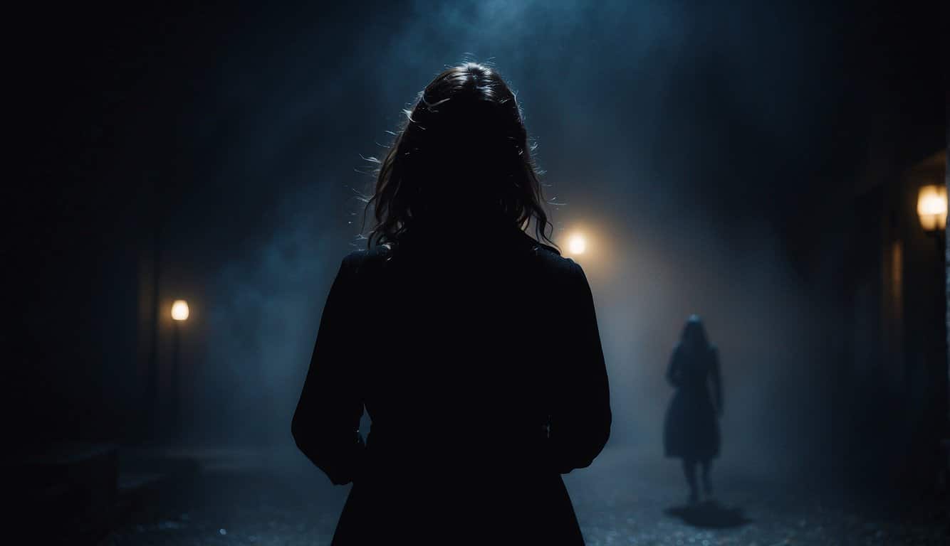 The Lady from Black Company haunts a dark dreamscape, her shadowy figure looming over a terrified victim. Sinister whispers fill the air as she exudes an aura of malevolence