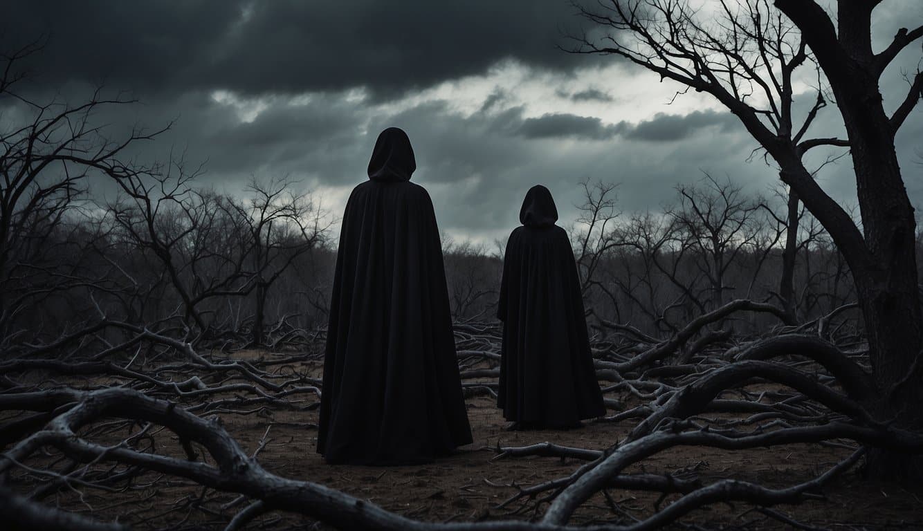 A shadowy figure looms over a desolate landscape, surrounded by twisted, gnarled trees and ominous clouds. The Lady from Black Company is depicted as a haunting presence, exuding an aura of malevolence and darkness
