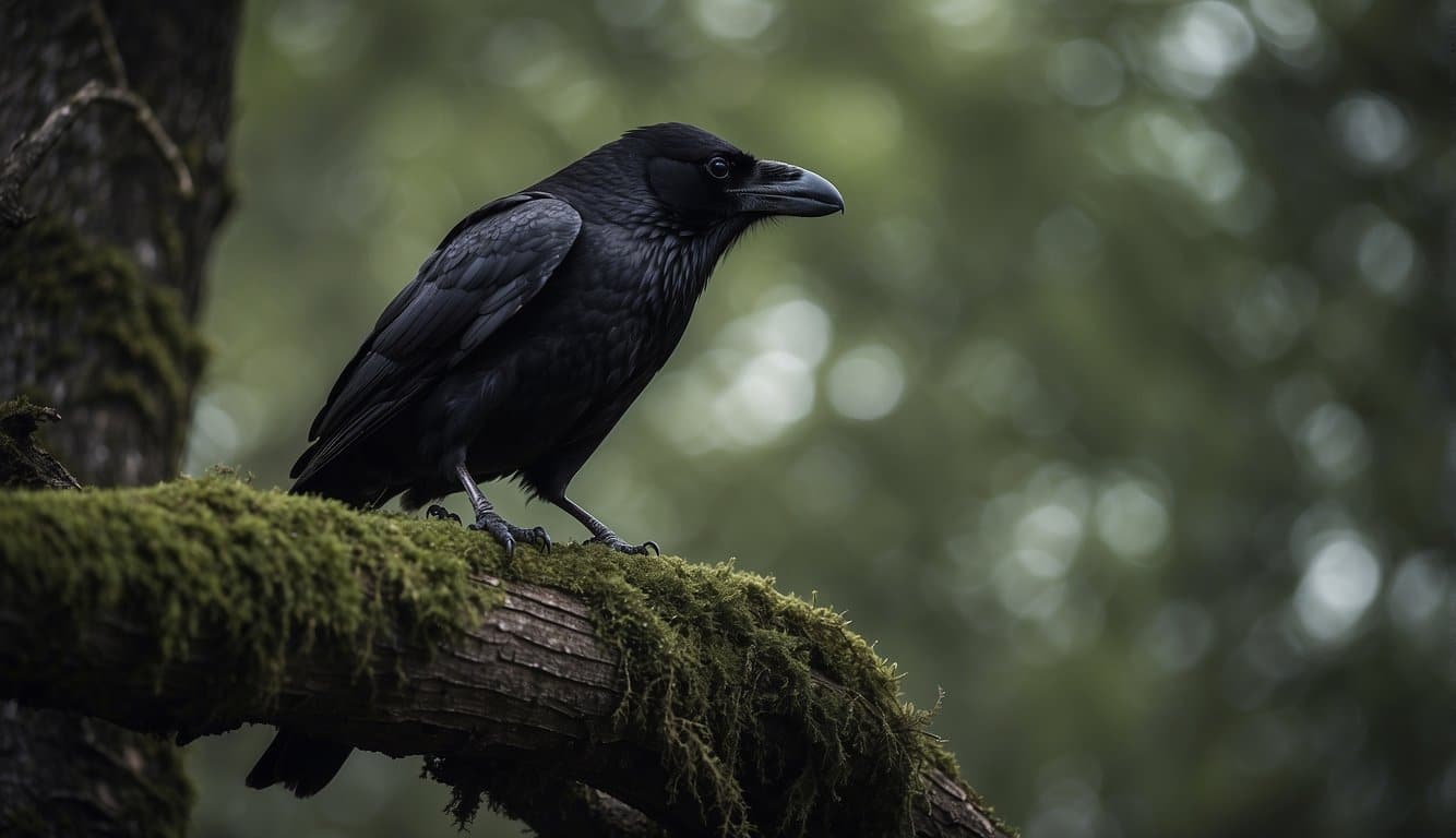A fierce Raven perched on a gnarled tree, its sharp eyes glinting with intelligence and power. Surrounding it, mysterious symbols and swirling darkness hint at its enigmatic past