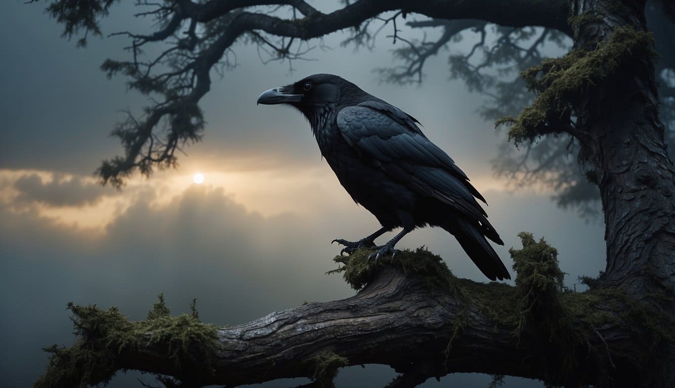 A raven perched on a gnarled tree, surrounded by swirling mists and glowing orbs. The bird exudes an aura of strength and mystery, hinting at its complicated past within the dark company