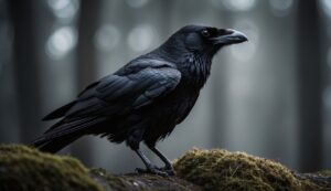 A close-up of a black raven standing on a mossy surface in a dimly lit forest, with soft-focus trees in the background.