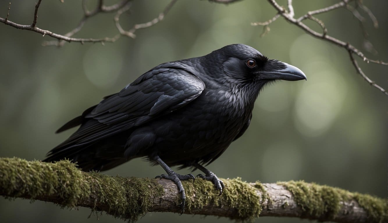 A raven perches on a rugged, weathered branch, its sleek feathers catching the light. Its sharp eyes exude intelligence and strength, hinting at a complex history