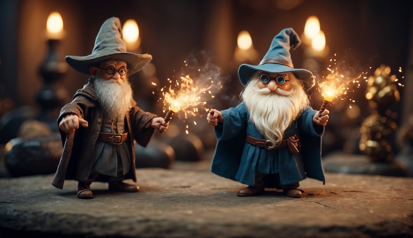 Two wizards, One-Eye and Goblin, engage in a magical duel, casting spells and causing chaos with their antics