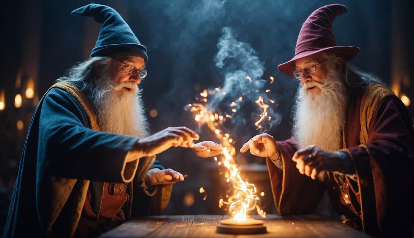 Two wizards engage in a comical duel, casting colorful spells and creating mischief with their magical abilities