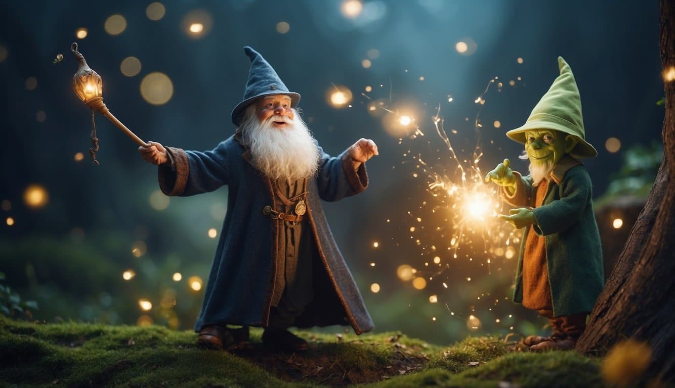 Two wizards, One-Eye and Goblin, engage in a comical magical duel, surrounded by swirling spells and mischievous creatures