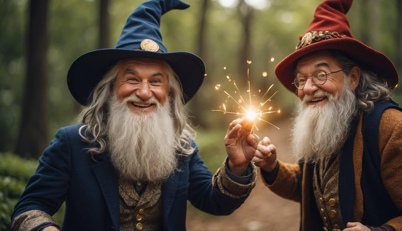 Two wizards, One-Eye and Goblin, engage in a magical duel, casting spells with mischievous grins and playful antics