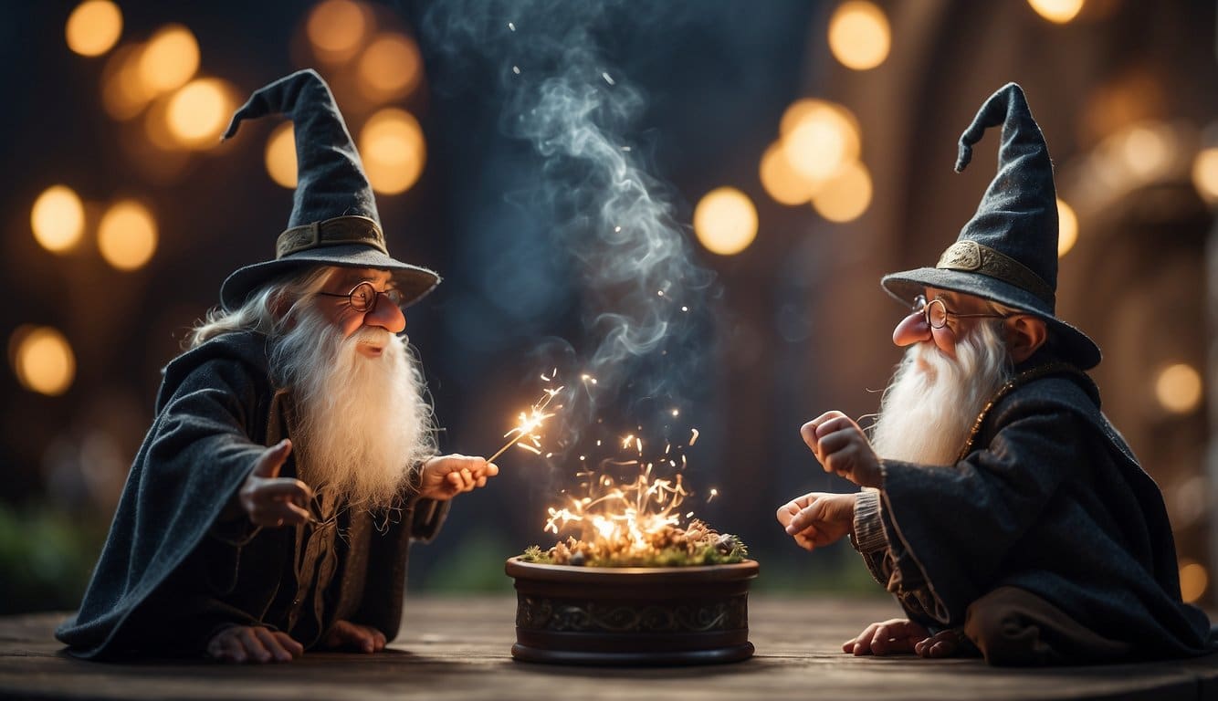 Two wizards, One-Eye and Goblin, engage in a comical magical duel, casting spells and creating chaos in a whimsical setting