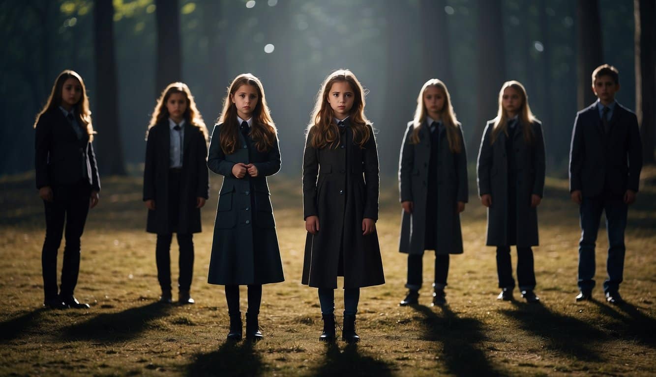 A young girl with unique powers stands before a mysterious, shadowy group