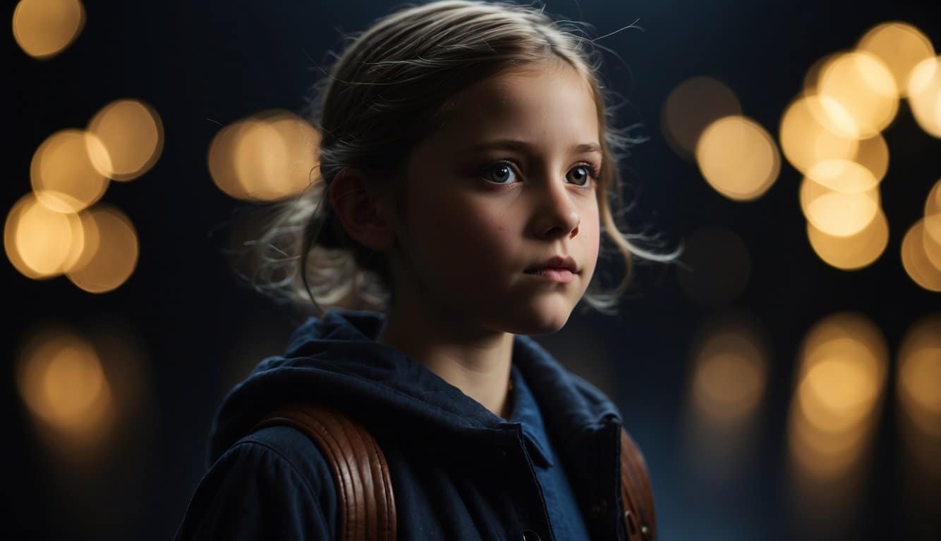 A young girl with unique abilities stands against a dark, ominous backdrop, hinting at her special destiny