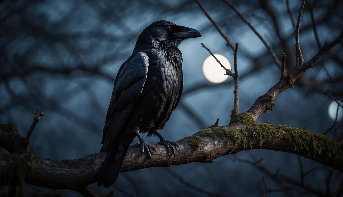 A raven perches on a gnarled branch, its glossy feathers catching the moonlight. A haunting melody fills the air as the bird's piercing eyes seem to hold the secrets of the night