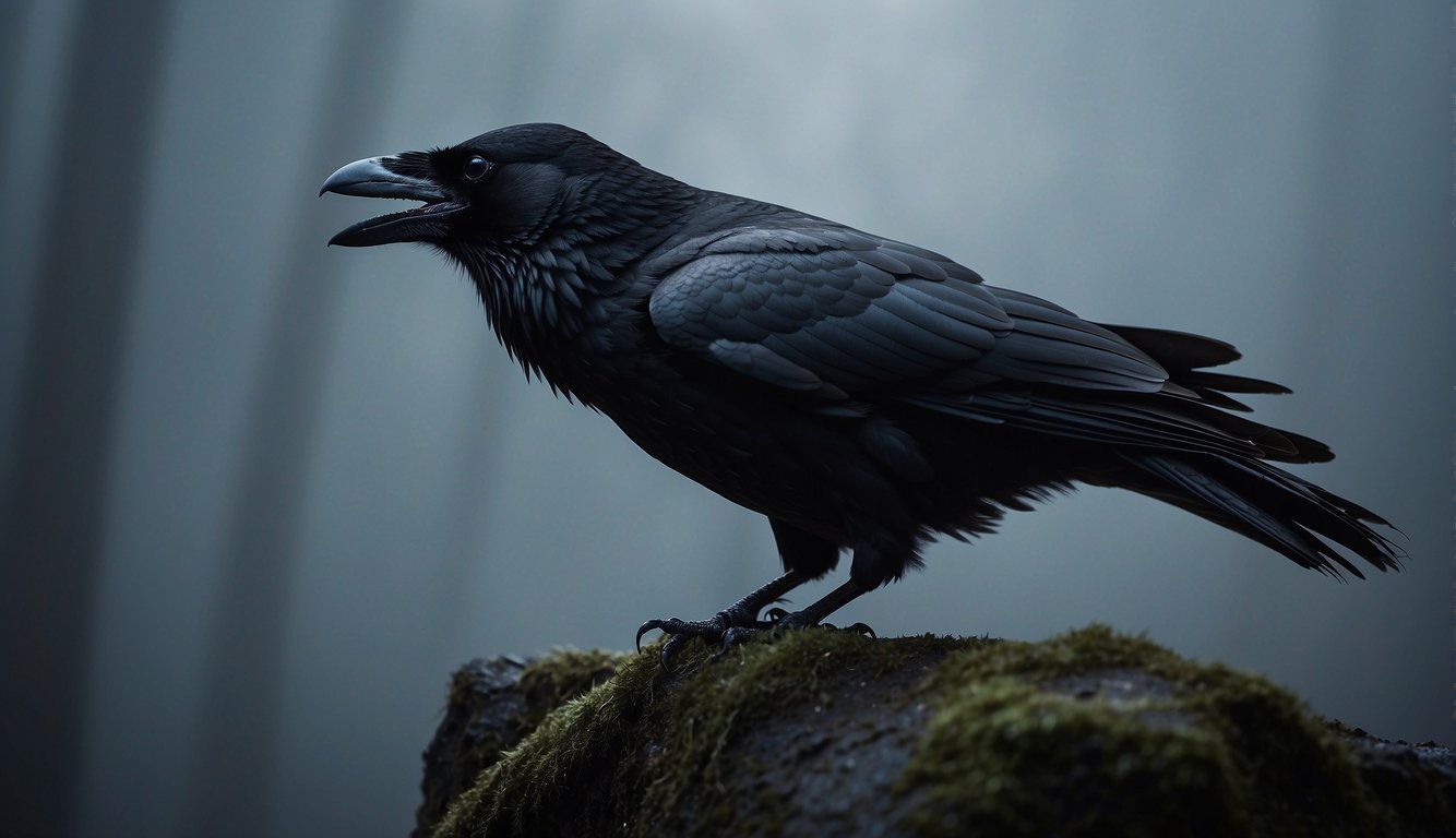 A dark raven emerges from swirling mist, its feathers glistening with an ominous sheen