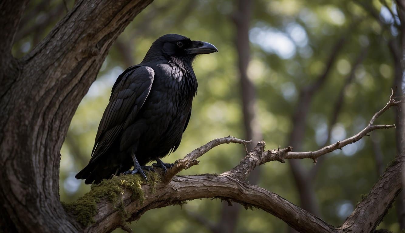 A raven perches on a twisted tree, its feathers shimmering with an otherworldly glow. A sense of intrigue and betrayal hangs in the air, as the bird's piercing eyes seem to hold ancient secrets