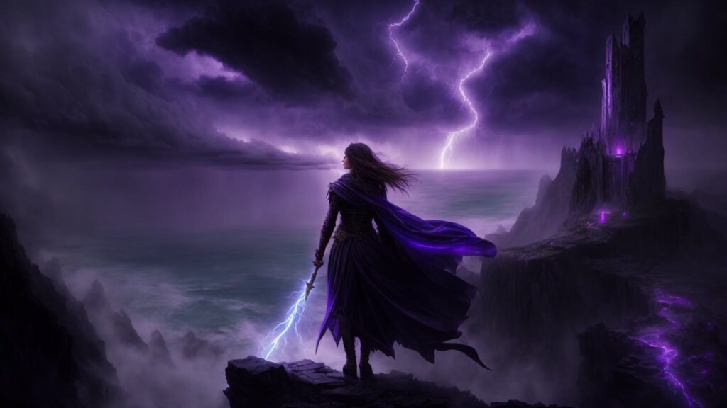 A person in a black cloak holding a glowing sword stands on a cliff, looking at a stormy sea with purple lightning in the background.