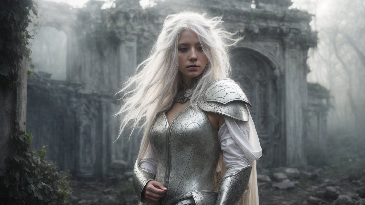 A woman in ornate silver armor with long white hair stands in a dreamy, ancient forest ruin.
