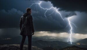 A man in a leather jacket stands on a mountain top, dreaming about Logan Ninefingers as he watches a dramatic lightning strike in a cloudy night sky.