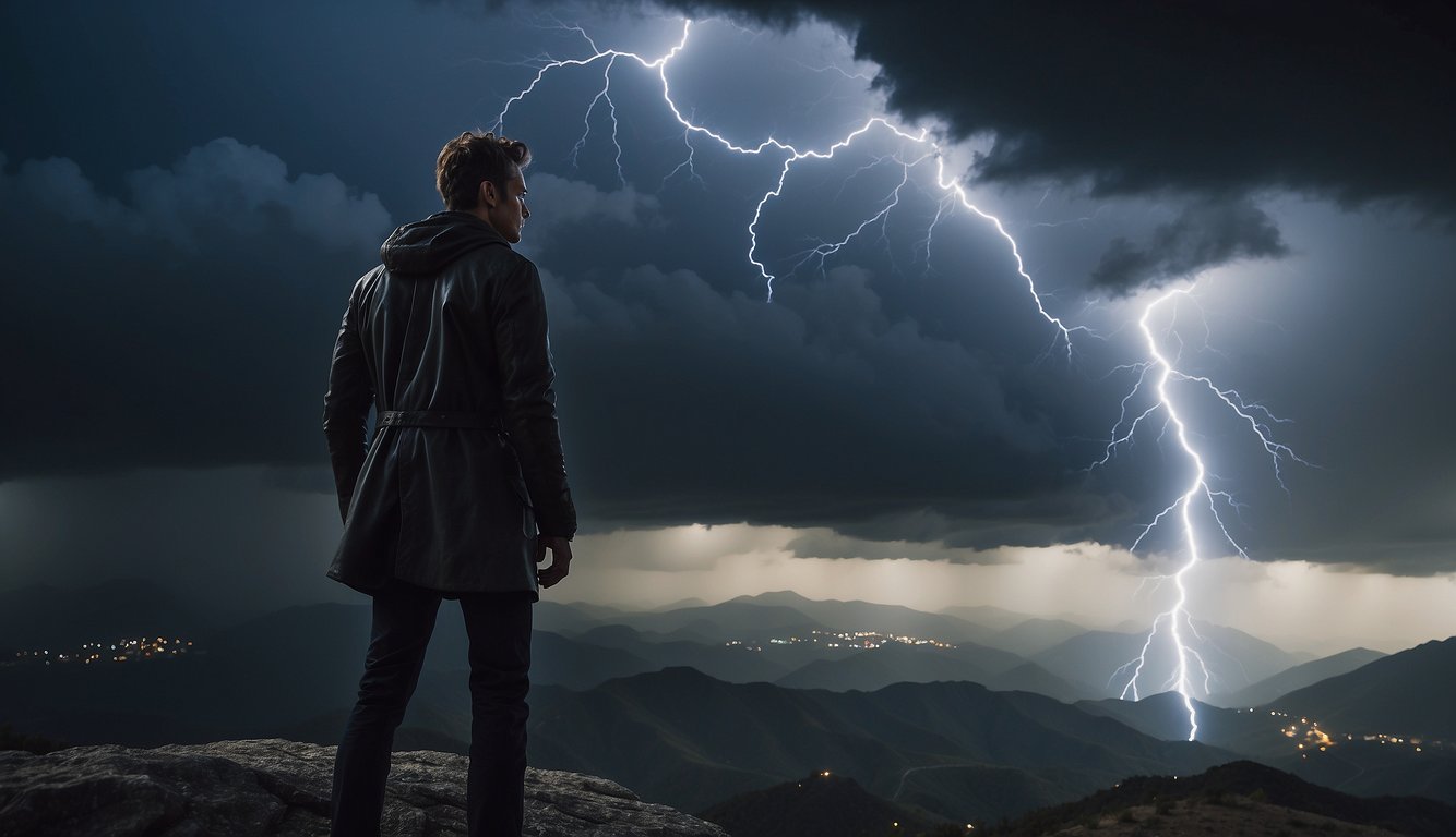 Logan Ninefingers stands on a cliff, gazing at a dark, stormy sky. Lightning flashes, illuminating his determined expression as he faces the approaching chaos