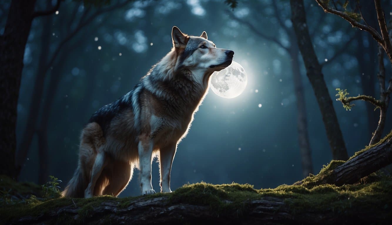 The Dogman's cultural impact is depicted in a dreamy scene with symbolic elements like howling wolves, ancient trees, and mystical moonlight